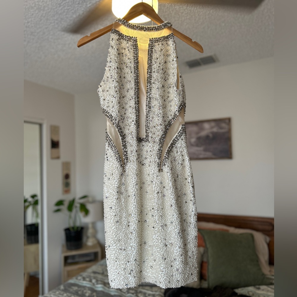 Jovani Ivory Beaded Halter Mini Dress with Silver Accents